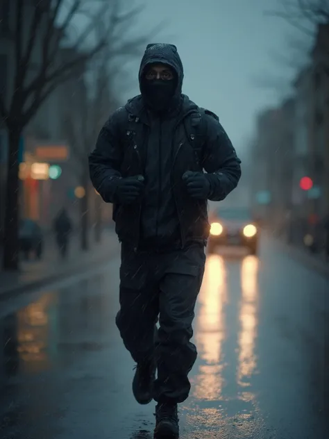 A jogger,man, muscular, with ski mask, black ski mask, from the front, ongoing,  on the street, rain, full body foto, Front ,  Panorama , auf einen zuongoing, focused look, European , jogging, gloomy lights, rain, Nass