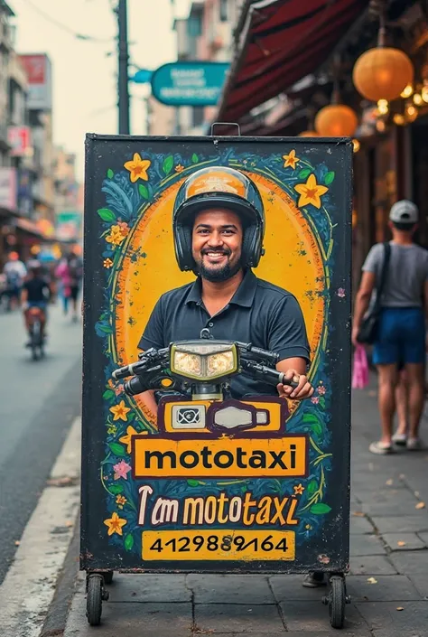 An advertising sign saying that I am Mototaxi, my name is Roni and my phone number is 4129889164 