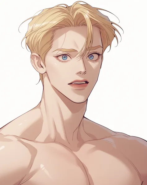 The blond boy, high quality , american 20 years old /That guy , fine eyes , Blue Eyes ,Short blonde hair, abdomen, naked, Shiny skin , clear tits , Look at the audience, upper half , blonde hair , white background, 고해상도, 