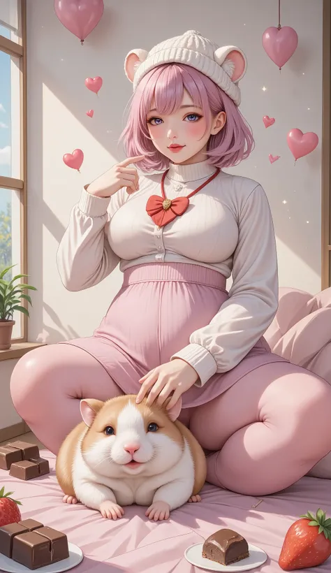 cute illustration ,Valentine's Day,(Hamako-chan ,Hamster girl,(( light pink hair : Bob:1.3),Cut your bangs ,Scandinavian style clothes and hat,Hamster ears), dynamic pose,((Hamster:1.3)There is a Hamster beside her:Sup er cute Hamster:Hamster anatom...