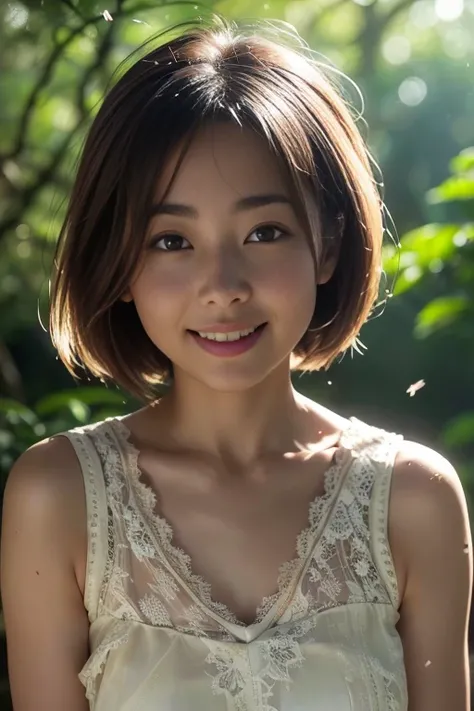 (8k, RAW photo, photorealistic, HQ, masterpiece), a cute Japanese woman, (glowing eyes), 
(laugh ), brown hair, Very short bob, bob cut, (white dress:1.2, sleeveless long dress, elegant lace silk fabric dress:1.2), (in A vast forest filled with blooming ch...