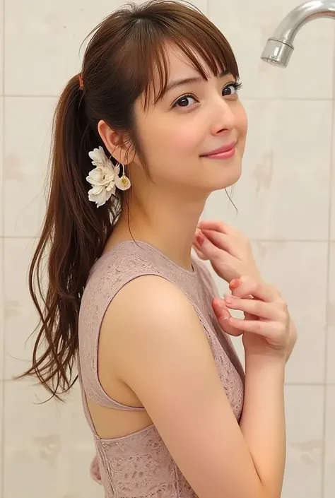 nozomi sasaki fully nude in the shower, her long brown hair cascading freely over her shoulders, enhancing the seductive allure of her presence. nozomi washing herself fully nude in the shower. nozomi running her hands through her long wet brown hair. larg...