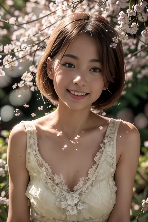 (8k, RAW photo, photorealistic, HQ, masterpiece), a cute Japanese woman, (glowing eyes), 
(laugh ), brown hair, Very short bob, bob cut, (white dress:1.2, sleeveless long dress, elegant lace silk fabric dress:1.2), (in A vast forest filled with blooming ch...