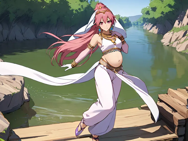 Alone ,  1girl  , jewelry ,  easy attitude , middle pregnancy period  , archebase, pink hair, high ponytail, pink eyes, long hair, earring, hair between eyes, shirt, Dowel dowel pants , Riverside , dancer veil, circlet , wearing edgMes,harem outfit

