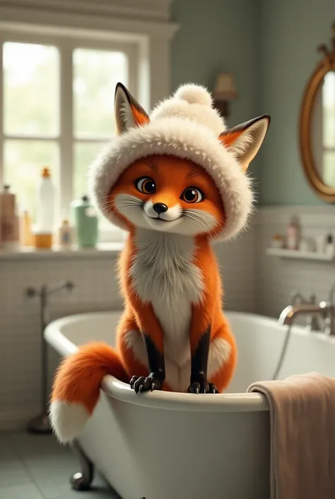 A fox with a shower cap in the bathroom