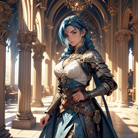 Blue Haired Girl (Ethnicity: 1.2), (Age: 2.0), (Clothing Details: 1.2), (Accessories: 1.1), (Facial Features: 1.3), (Expression: 1.2), (Body Type: 1.1), (Pose: 1.2), Center of an ornate Gothic cathedral-like environment, Two long braids of blue hair, Well-...