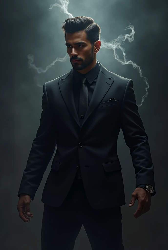 Handsome and young tall and strong Latino man with a short beard in a black suit with a black shirt and gray tie using the magic of darkness and shadows