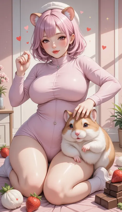 cute illustration ,Valentine's Day,(Hamako-chan ,Hamster girl,(( light pink hair : Bob:1.3),Cut your bangs ,Scandinavian style clothes and hat,Hamster ears), dynamic pose,((Hamster:1.3)There is a Hamster beside her:Sup er cute Hamster:Hamster anatom...