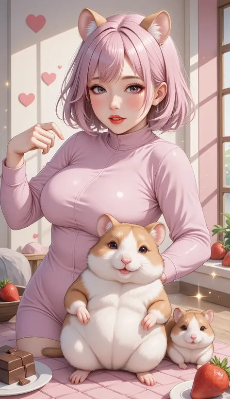 cute illustration ,Valentine's Day,(Hamako-chan ,Hamster girl,(( light pink hair : Bob:1.3),Cut your bangs ,Scandinavian style clothes and hat,Hamster ears), dynamic pose,((Hamster:1.3)There is a Hamster beside her:Sup er cute Hamster:Hamster anatom...
