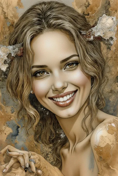 Create an image of a woman on a rough paper with wide smile. View is front view and Show ultra details. Luis Royo style 