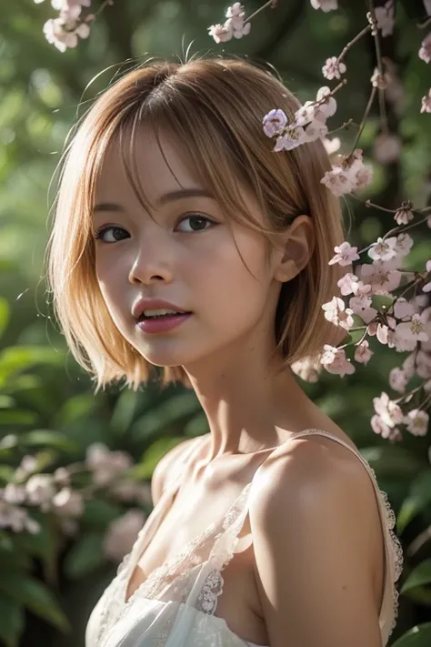 (8k, RAW photo, photorealistic, HQ, masterpiece), a cute Japanese woman, (glowing eyes), 
(laugh ), brown hair, Very short bob, bob cut, Thin straight hair, (white dress:1.2, sleeveless long dress, elegant lace silk fabric dress:1.2), (in A vast forest fil...