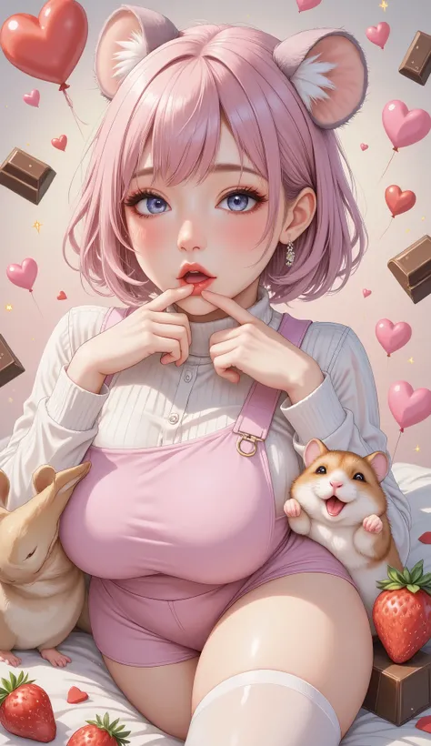  cute illustration ,Valentine&#39;s Day,(Hamako-chan  ,Hamster girl,(( light pink hair  : Bob:1.3),Cut your bangs ,Scandinavian style clothes and hat,Hamster ears), dynamic pose,((Hamster:1.3)There is a Hamster beside her:Sup er cute Hamster:Hamster anatom...