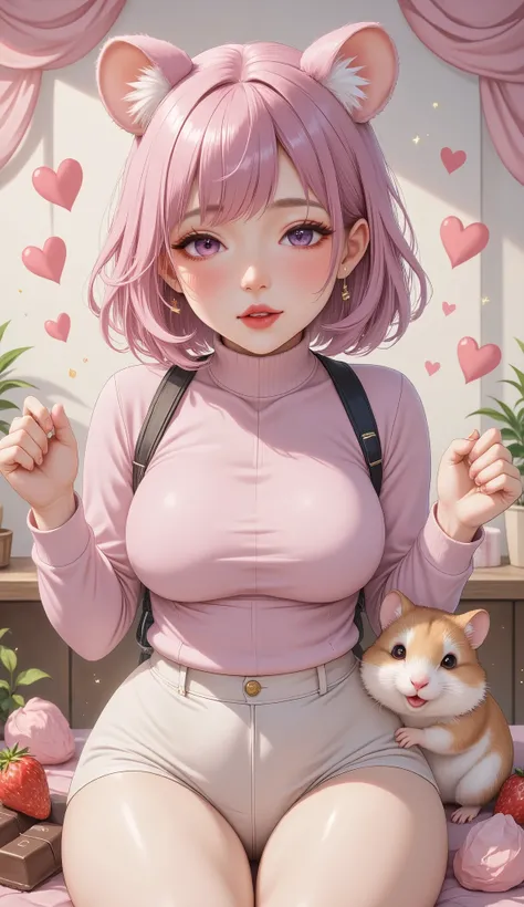 cute illustration ,Valentine's Day,(Hamako-chan ,Hamster girl,(( light pink hair : Bob:1.3),Cut your bangs ,Scandinavian style clothes and hat,Hamster ears), dynamic pose,((Hamster:1.3)There is a Hamster beside her:Sup er cute Hamster:Hamster anatom...