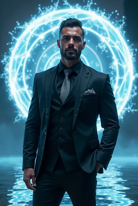 Handsome and young tall and strong Latino man with a short beard in a black suit with a black shirt and gray tie using water magic with magic circles