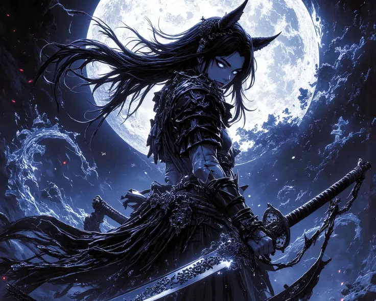 gold (red Shadow), anime girl is holding a sword on a dark background under moon light, weapon, sword, 1girl, animal ears, black hair, long hair, extra ears, holding weapon, holding sword, holding, moon, ribbon, hair ribbon, navel,,,,See-through waist clot...