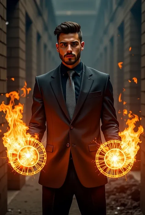 Handsome and young tall and strong Latino man with a short beard in a black suit with a black shirt and gray tie using fire magic with magic circles