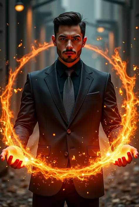 Handsome and young tall and strong Latino man with a short beard in a black suit with a black shirt and gray tie using fire magic with magic circles