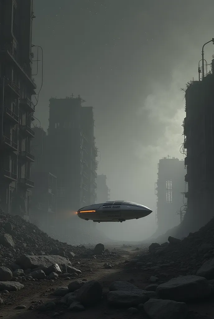 A small flying vehicle near the ground is walking between the destroyed buildings after the end of life on Earth. There is only sky, stars and destroyed buildings 