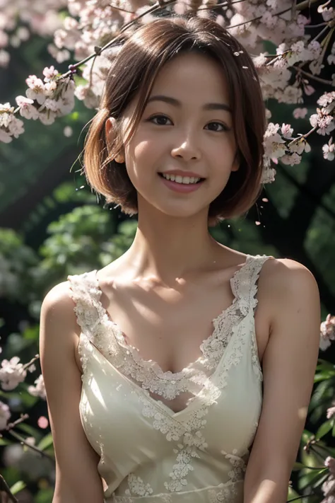 (8k, RAW photo, photorealistic, HQ, masterpiece), a cute Japanese woman, (glowing eyes), 
(laugh ), brown straight hair, Very short bob, bob cut, (white dress:1.2, sleeveless long dress, elegant lace silk fabric dress:1.2), (in A vast forest filled with bl...