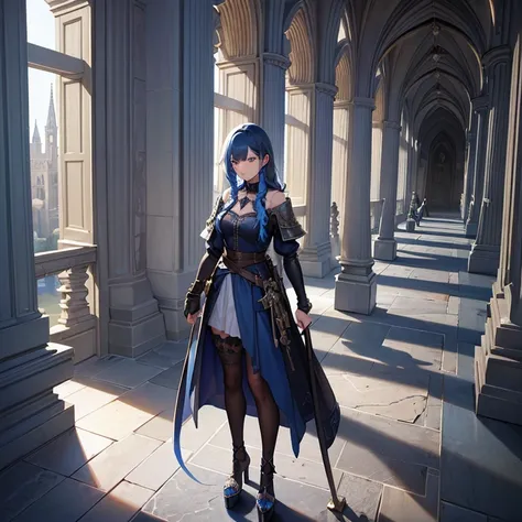 Blue Haired Girl (Ethnicity: 1.2), (Age: 2.0), (Clothing Details: 1.2), (Accessories: 1.1), (Facial Features: 1.3), (Expression: 1.2), (Body Type: 1.1), (Pose: 1.2), Center of an ornate Gothic cathedral-like environment, Two long braids of blue hair, Well-...