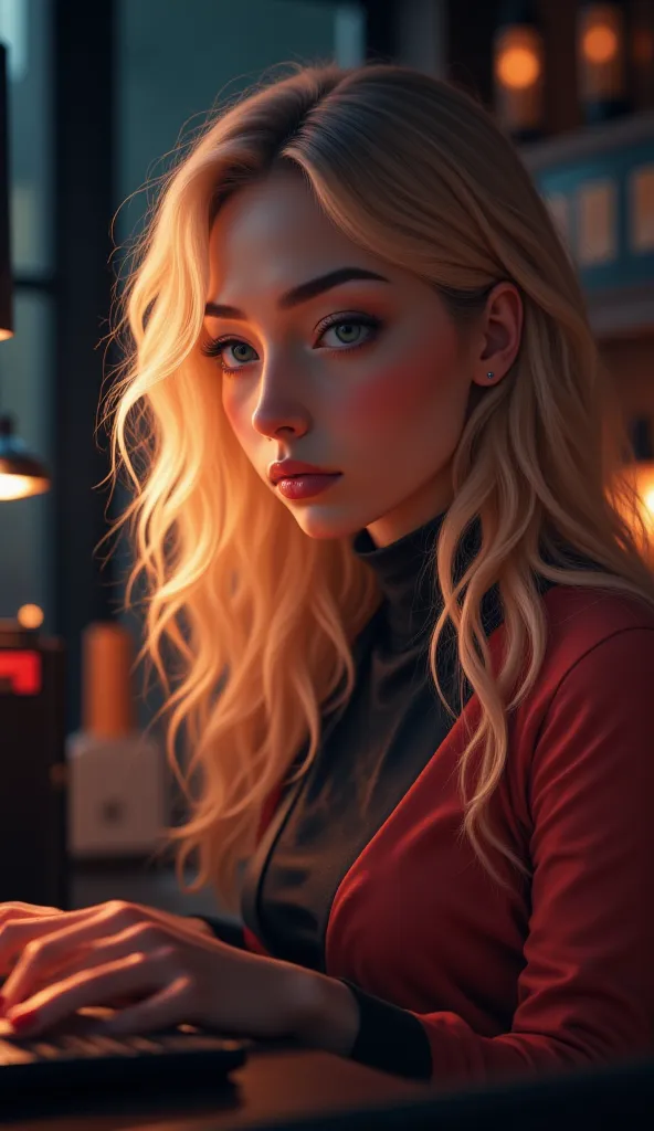 a beautiful girl with long blonde hair, detailed eyes, nose, and lips, wearing  professional outfit, siting in her office, using her computer, hp comuter (best quality,4k,8k,highres,masterpiece:1.2),ultra-detailed,(realistic,photorealistic,photo-realistic:...