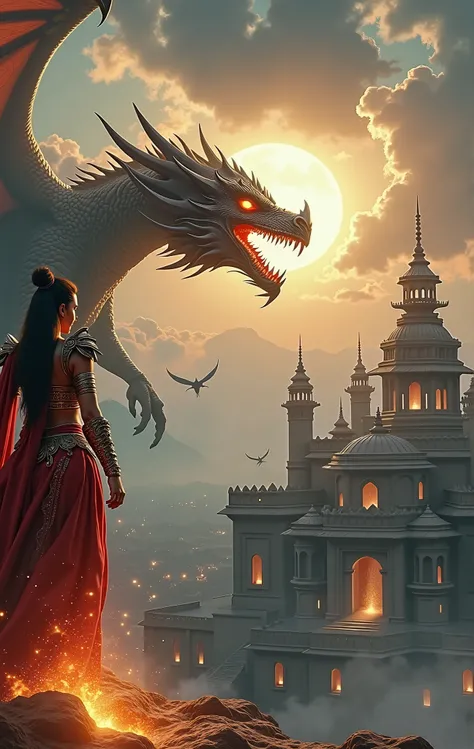 Create a **high fantasy Bollywood-style movie poster** featuring a **legendary warrior or sorceress** standing boldly in the foreground, clad in intricately designed armor or flowing mystical robes, glowing with ancient power. Behind them, an **ultra-reali...