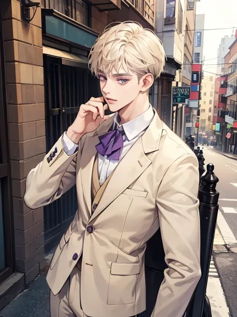 a boy, purple eyes, cream beige hair. happy, so handsome.  Background street. cool vibes. thin. serious. focus. looks at camera. he gangster. wear school uniform blazer.