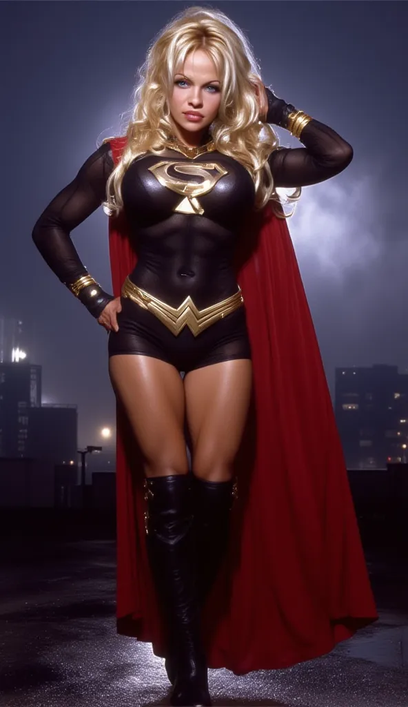 1 woman over 30 ,Superwoman ( Heroine ), Pamela Anderson, blonde long hair ,green eyes,spout, sponges, Cute face , giant breasts,black and gold transparent fitted suit on the chest letter "r" with a huge front neckline ,red long cloak with the back, wide w...