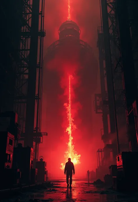 "Noir-style silhouette art of the interior of a nuclear reactor experiencing extreme pressure and rising heat. The scene is dark and ominous, with towering machinery and massive pipes stretching across the chamber. A deep, menacing red glow pulsates from t...