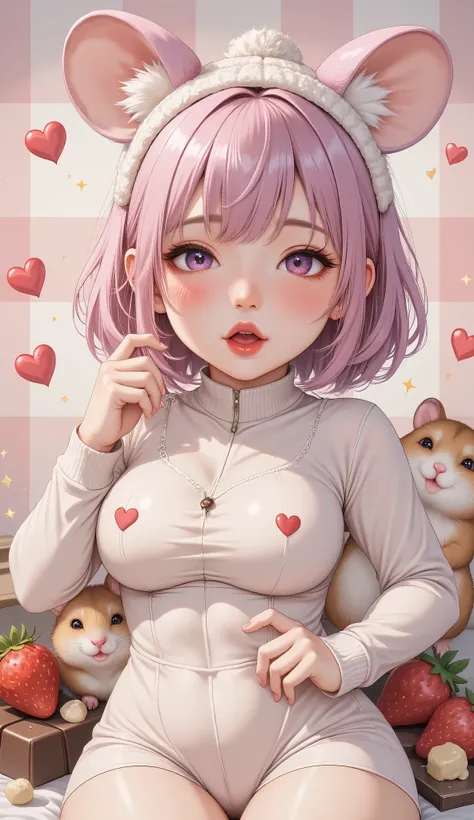  cute illustration ,Valentine&#39;s Day,(Hamako-chan  ,Hamster girl,(( light pink hair  : Bob:1.3),Cut your bangs ,Scandinavian style clothes and hat,Hamster ears), dynamic pose,((Hamster:1.3)There is a Hamster beside her:Sup er cute Hamster:Hamster anatom...