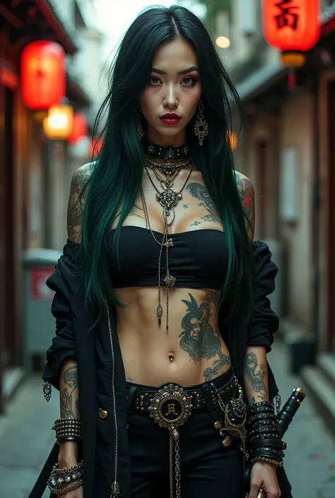 Create an image of a Taiwanese girl with a bold and edgy look. She has long, flowing dark hair tinted with hints of deep green, styled to look windswept. Her eyes are striking, painted with dark red eyeliner, exuding a fierce and intense gaze. The woman is...