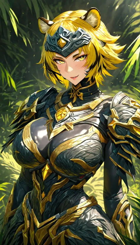 A Tiger Female ,Perfect body,Oppai (Black and yellow hair,short hair, streaked hair),Tiger Metal Forehead Protector, yellow eyes, Wearing A Tiger type Metal Armor, Torogao, seductive smile, In A Jungle, UHD, SOLO, anatomically correct, masterpiece, texture...