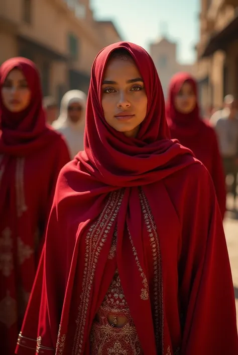 Moroccan women wearing hijab and Moroccan kaftan in red