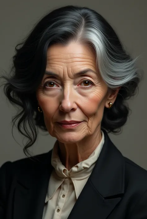  older woman. wrinkles. Beautiful old woman. black hair, white curls.  Long straight hair . Cherry-colored eyes. Dressed in a formal suit .  portrait