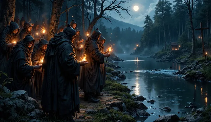 "A group of Slavic villagers, huddled together in fear, holding torches and crosses, standing at the edge of a dark forest bordering a lake. Their faces are illuminated by the flickering firelight, reflecting their terror of the Rusalka. The lake's surface...