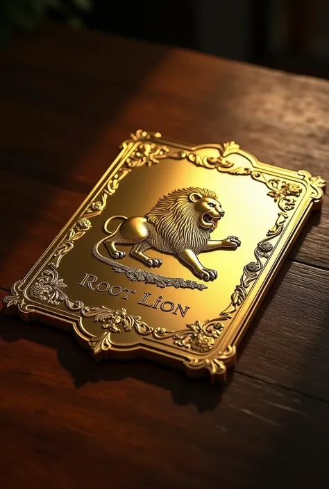 Gold plate with the name Root Lion