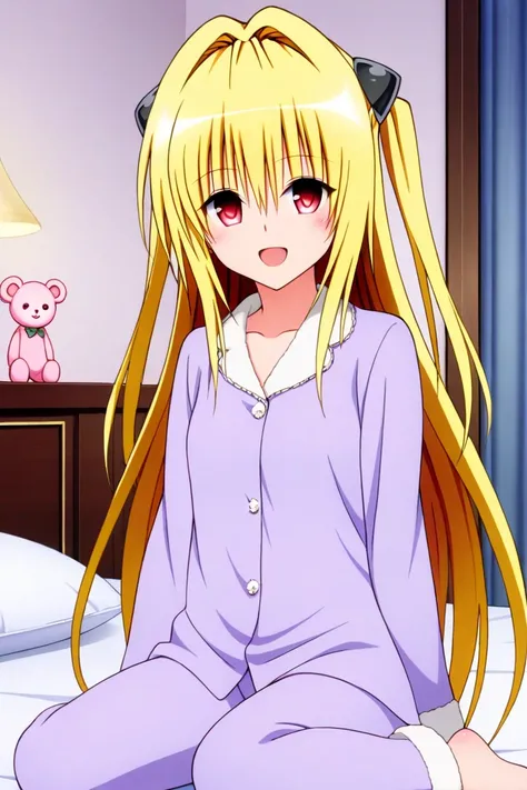  1 girl, one,   long hair ,  open eyes,  open mouth,  happy face,  open mouth, looking at the viewer, love-ru , konjiki na yami,  1girl,  red eyes,  has yellow hair,  Masterpiece ,  top quality, great quality,  Anime style, ,  Victorian ren's room , In paj...