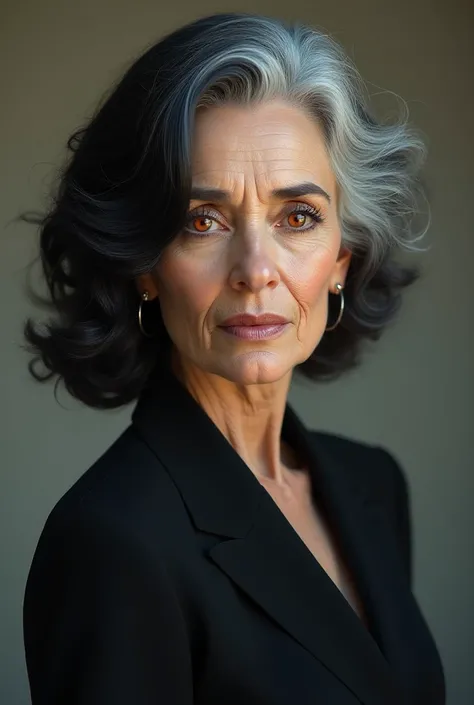  older woman. wrinkles.  beautiful old woman. black hair, white curls.  Long straight hair . Cherry-colored eyes. Dressed in a formal suit .  portrait