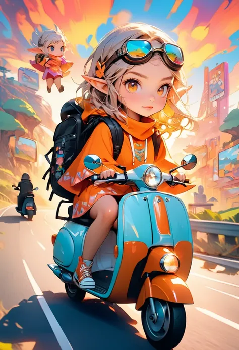 A 20-year-old female elf on a sunset road trip, wearing goggles, a poncho, and a backpack, riding a scooter down the road, surrounded by a surreal, vibrant pop-art style landscape with distorted, chibi-like characters, all in a bright, colorful, high-quali...