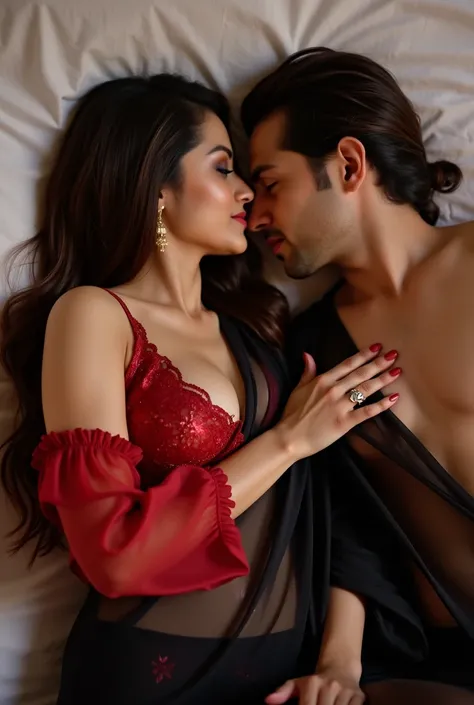 Beautiful 20 year old big breast women wearing hot transparent black saree with transparent red blouse laying on bed with 18 year man wearing underwear and hugging and kissing in romantic mood and getting sex , women giving cleavage naked breast , not wear...