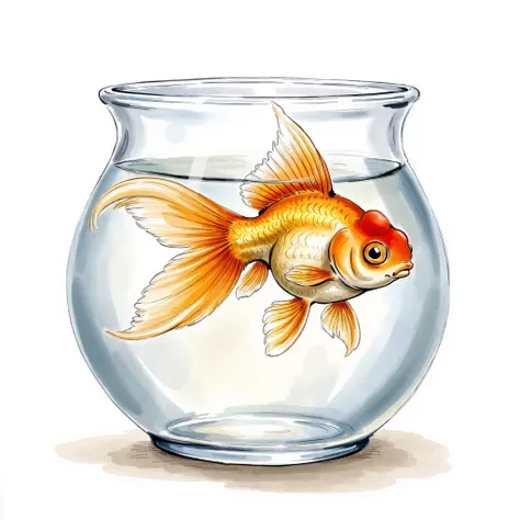 In a small, crystal-clear glass aquarium, a mesmerizing goldfish with scales that gleam like pure gold swims gracefully. The gentle shimmer of its fins catches the light as it darts and dives through the water, creating an enchanting dance of reflections....
