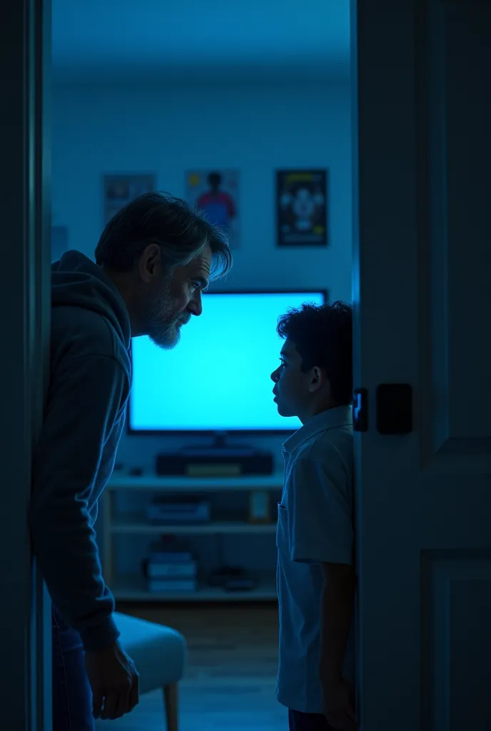 Parents peeking into the room, looking worried.
A conversation between the parents discussing the 's screen time.