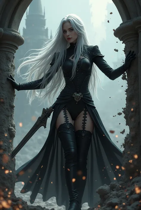 Create an image of a Sephiroth  the One-Winged Angel with a dynamic pose, realistic, breaking through a wall. The Sephiroth has silver long hair and is wearing a black outfit with intricate lace details. The outfit includes high boots and the Sephiroth is ...