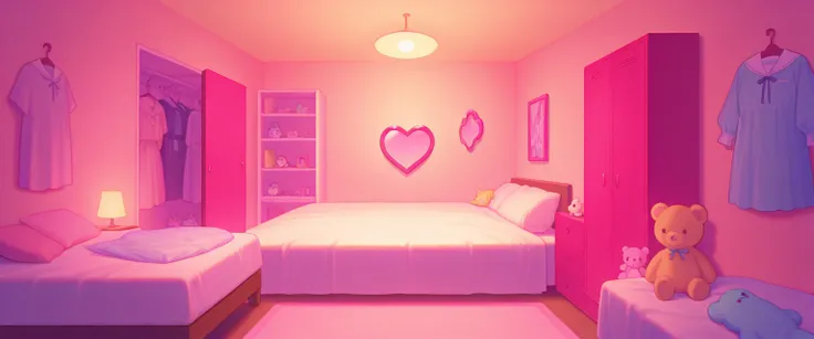 ((beautiful room, closet, heart mirror, bed with stuffed animals, lamp))