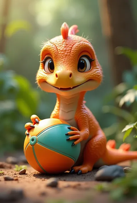 
create an image of a cute Velociraptor holding a round colored ball in 3D P