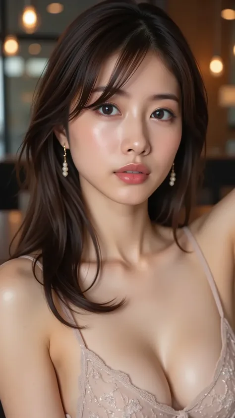 1woman,  ((Pale skins)), close up ratio is 200%size., realistic portrait photo, soft white spot light, completely her face is in photo, side view,  Beautiful and young, bust up photo, funny Face, She wears a shiny sexy dress., Focus on her face , Wet crotc...