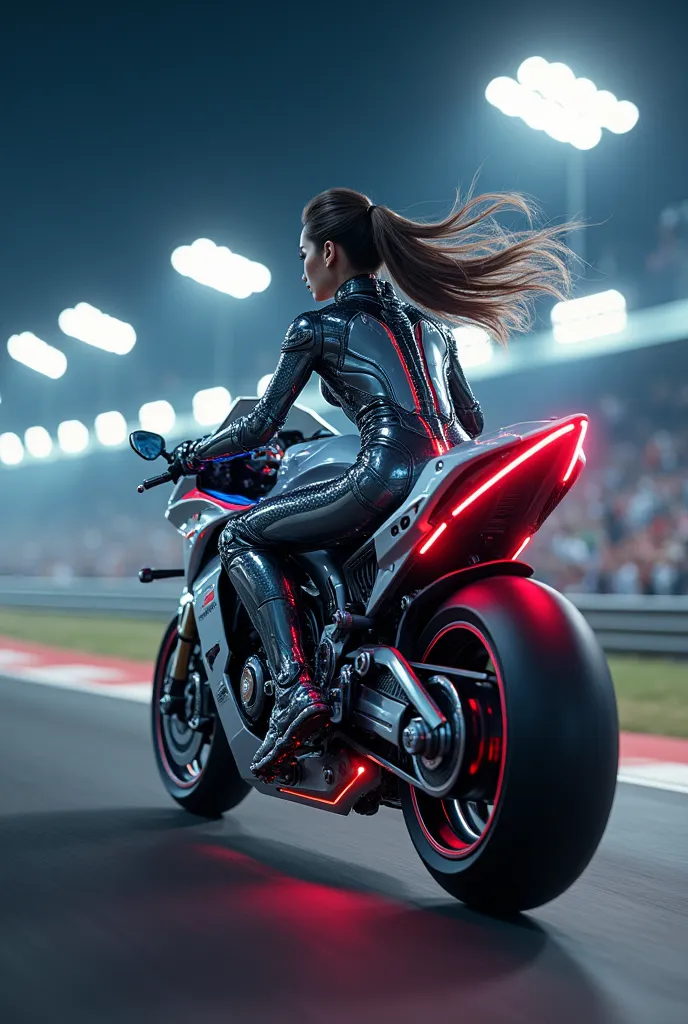  An ultra-high-definition (8K) hyper-realistic image of a Taiwanese Mecha girl, with iridescent light effects, riding a highly detailed robotic futuristic mecha motorcycle with sleek metallic surfaces, intricate gears, and illuminated accents, meticulously...