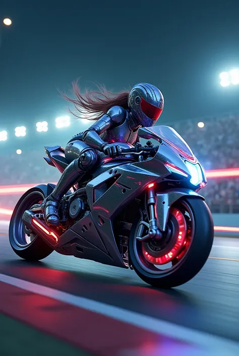  An ultra-high-definition (8K) hyper-realistic image of a Taiwanese Mecha girl, with iridescent light effects, riding a highly detailed robotic futuristic mecha motorcycle with sleek metallic surfaces, intricate gears, and illuminated accents, meticulously...