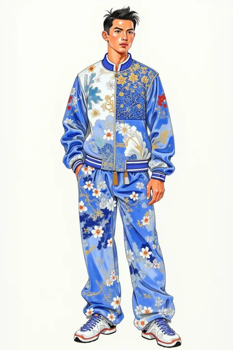 Full body fashion rendering, hand-painted renderings, Chinese fashion men's wear, male model wearing a China-Chic style sportswear, combining traditional Chinese patterns with trendy clothing, with an overall blue tone and a large amount of Chinese blue an...