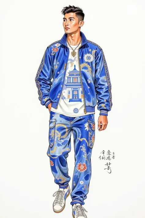 Full body fashion rendering, hand-painted renderings, Chinese fashion men's wear, male model wearing a China-Chic style sportswear, combining traditional Chinese patterns with trendy clothing, with an overall blue tone and a large amount of Chinese blue an...